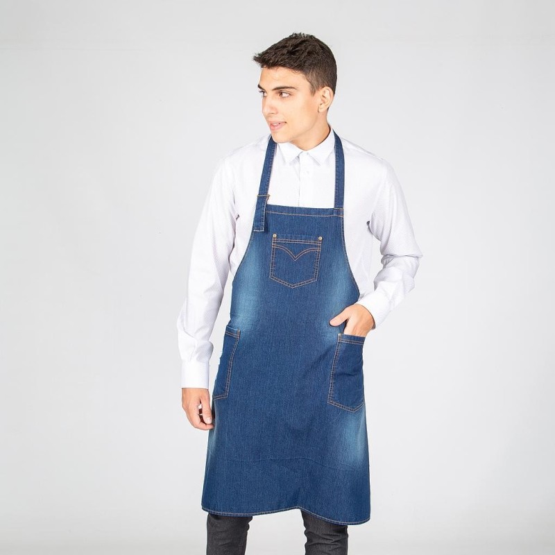 Delantal Con Peto Lavado Tejano Añil Bols.Desgastado 80X82 Cm | Union Workwear
